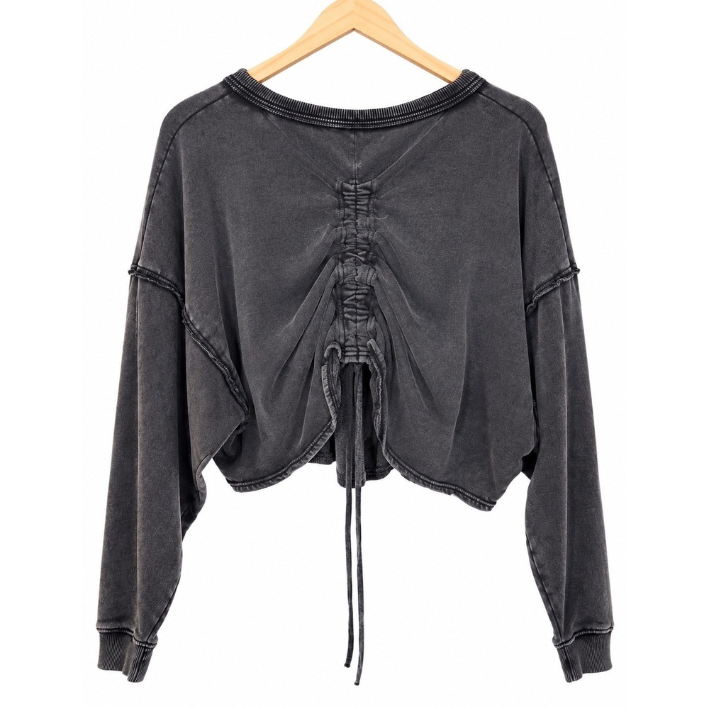 Free People Bae Pullover Dropped Shoulder Washed Black Ruched Drawstring - Picture 3 of 12